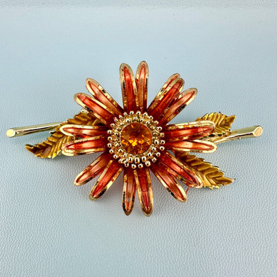 Vintage Coro Flower Brooch Orange Enamel Daisy on Branch Rhinestone Center