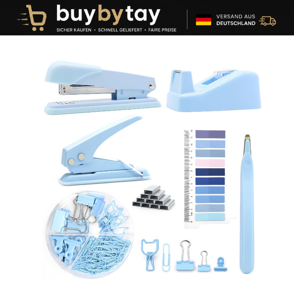 Schreibtisch-ZubehöR Set Blau HeftgeräT Klebebandspender BüRobedarf Geschenk-image