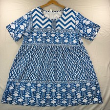 Blue White Geometric Floral Babydoll Mini Dress Short Sleeve Boho Women 4XL