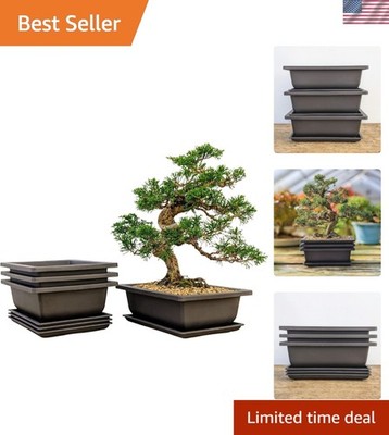 Set of 3 8-Inch Brown Shatter-Proof Bonsai Pots with Humidity Trays & Mesh