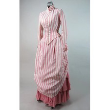 Wonderful Victorian Seaside Bustle Dress Gothic Civil War Pink White Strips