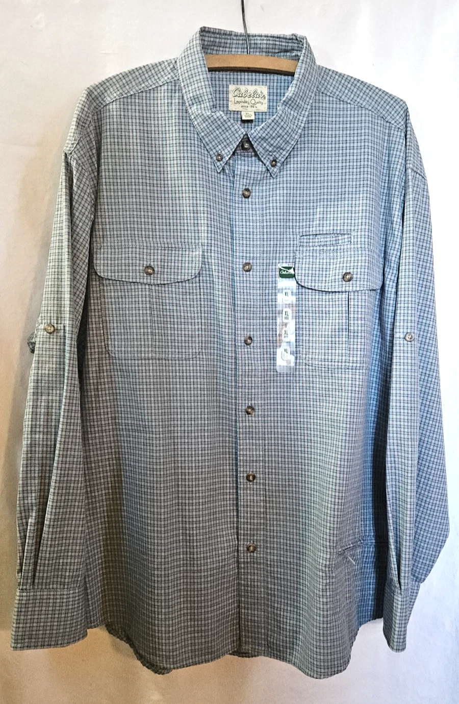 Cabelas Mens Blue Teal Plaid Multi Pocket Long 3/4 Button Up Sleeve Shirt XL
