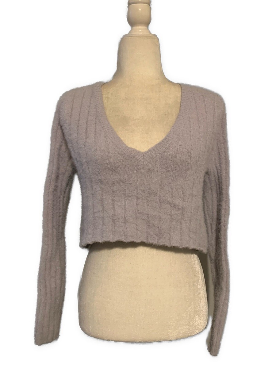 urban outfitters Solid Lavender Purple Crop Fuzzy V Neck Long Sleeve Sweater