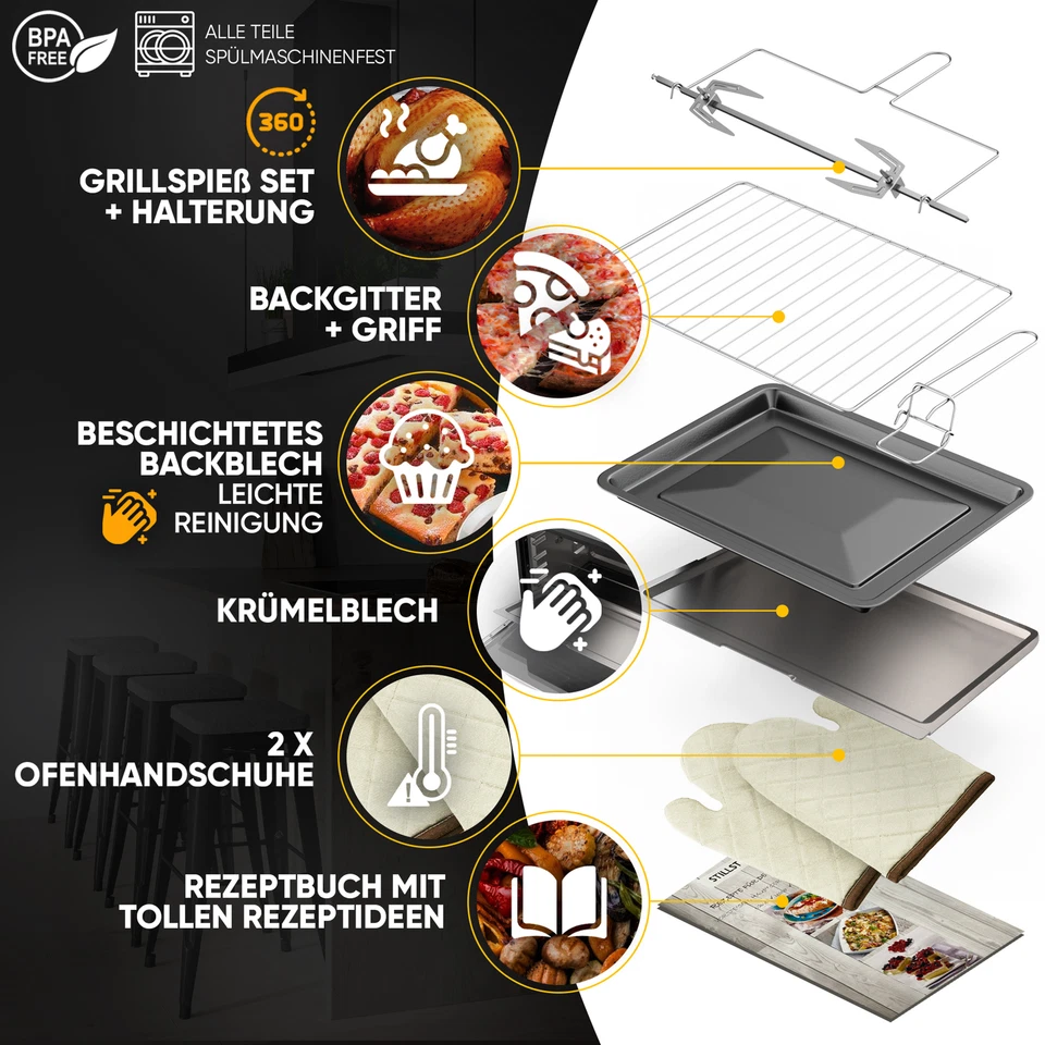 B-Ware 25L Minibackofen mit Umluft, Drehspieß, Backblech, 1500W, DE Version - Bild 2 von 4