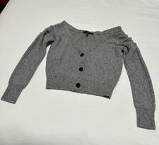 White House Black Market Grey Cropped Cardigan Sweater Sz S Ruched Shoulders