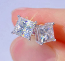 Certified 5 Ct Princess Cut Treated Off White Diamond Solitaire Studs 925 Silver