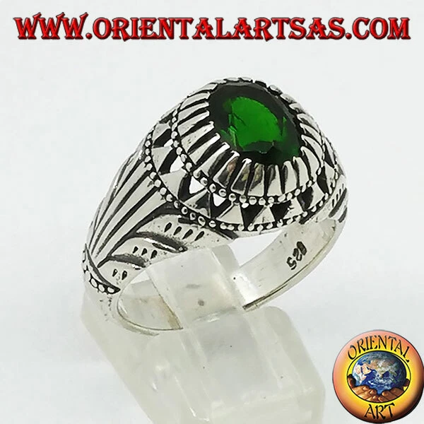 Bague en Argent 925‰ Zircon Ovale Couleur Émeraud Rubover Ouvertures aux Côtés - Photo 1/1