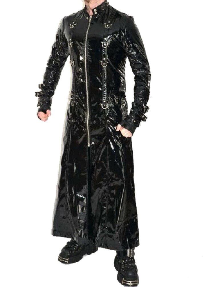 Black Vinyl PVC Fetish Gothic Spike Stud Long Gothic Cosplay