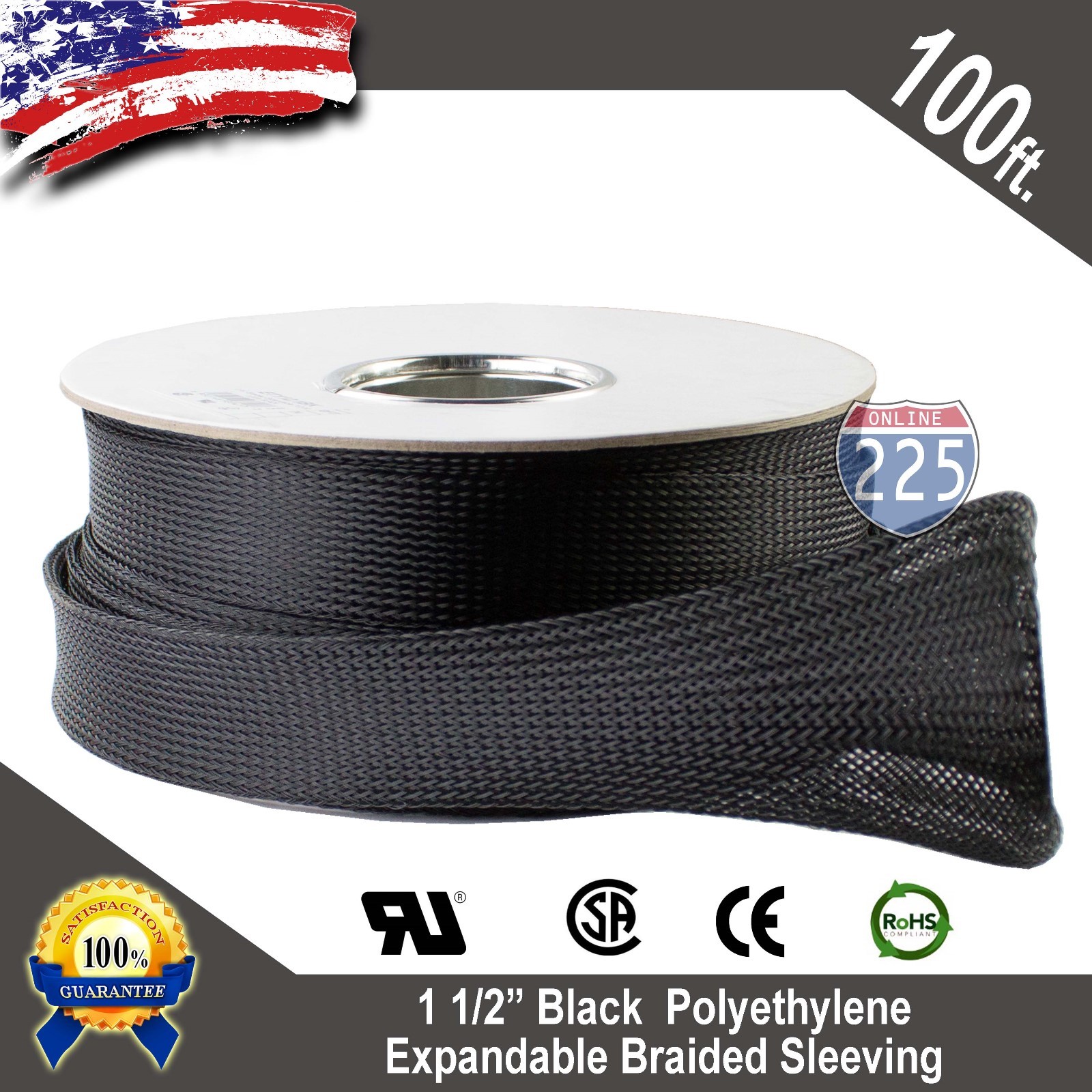 100ft Black Braided Expandable Cable Sleeve 1.5