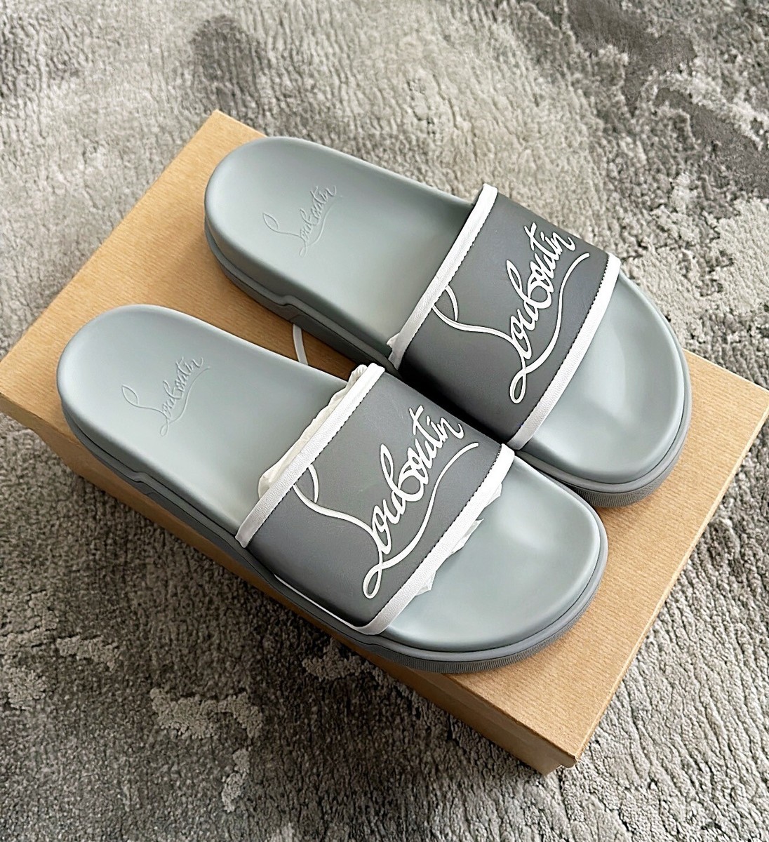 Authentic Christian Louboutin Navy Pool Silver Mens Slide/Sandal