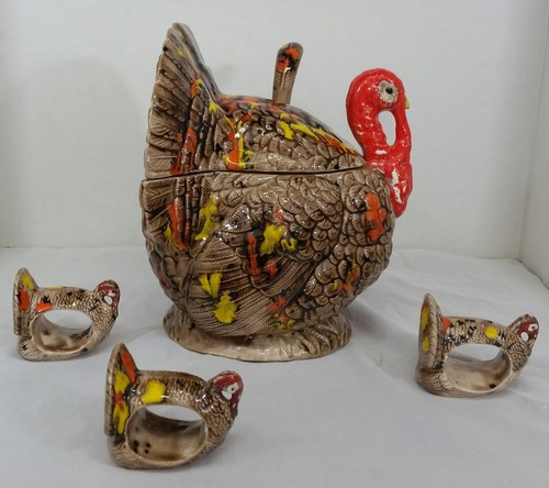 Rare Vintage 1989 Turkey Thanksgiving Gravy Ladle Cookie Jar Napkin Holders 8" - Picture 3 of 9