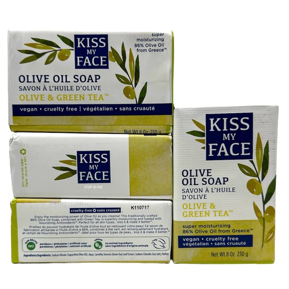 Sabonete de azeite Kiss My Face azeite azeite azeite e chá verde 8 oz (4 barras) vegano feito na Grécia - Imagem 3 de 4