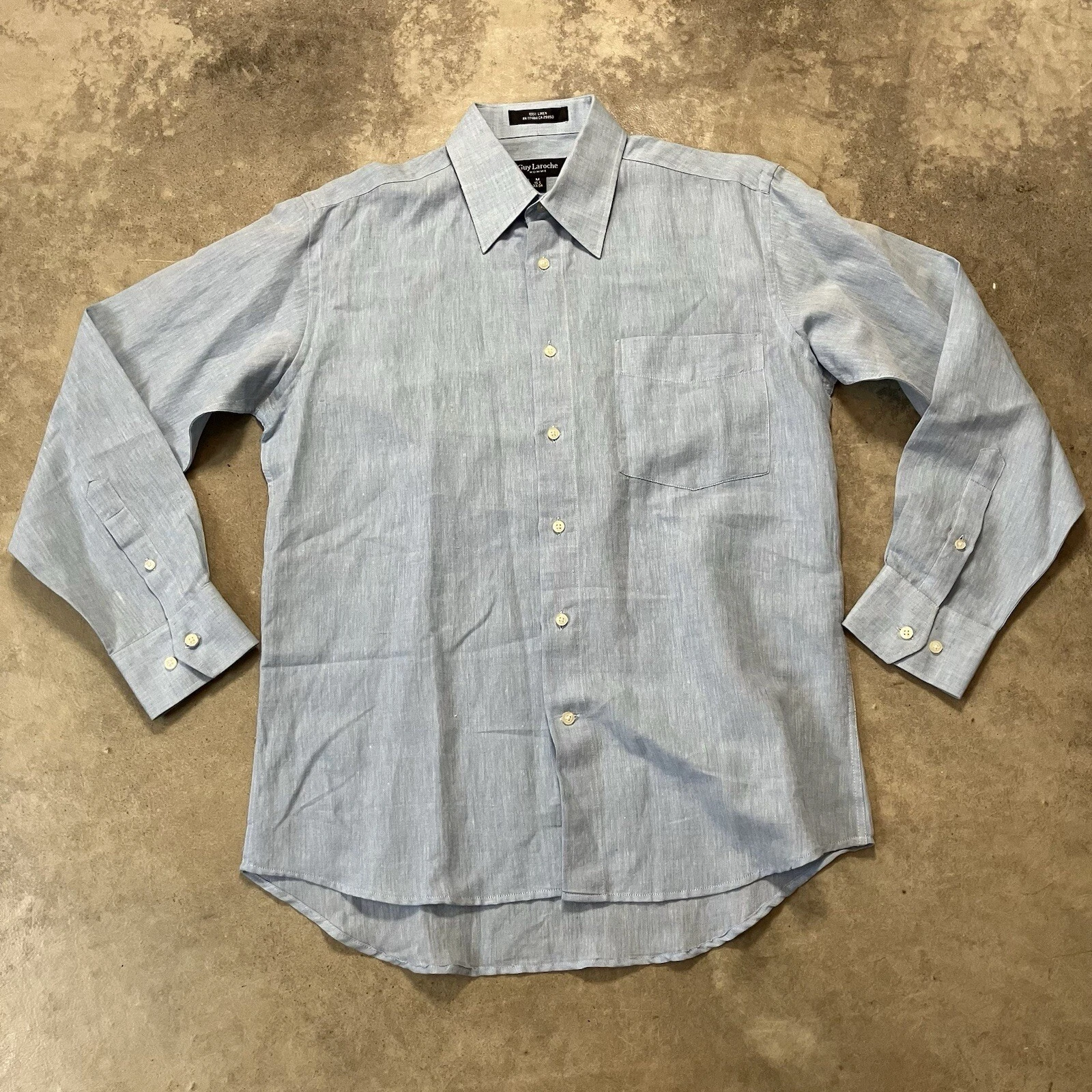 Guy Laroche Shirt Mens Medium 15.5 Blue Linen Button Front Long Sleeve