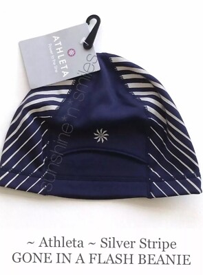 Athleta GONE IN A FLASH Skull Cap Beanie Ponytail Holder SILVER STRIPE Navy Blue