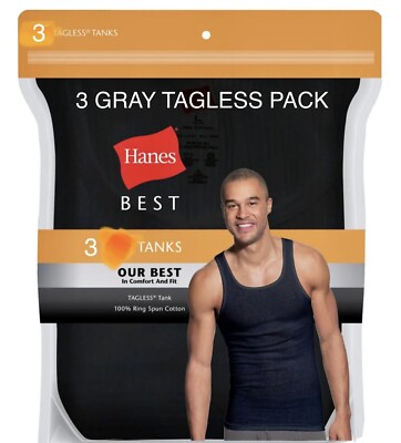Hanes Men Tagless 100% Cotton Tank Top 3Pack  Size Large Gray Color