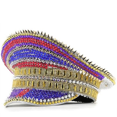 Gothic Rivet Studded Captain Hat Glittering Sequins Flat Top Hat Wedding Supply