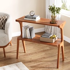 Image of 2 Tier Solid Wood End Table Narrow Side Table w/ Storage Shelves for Living Room