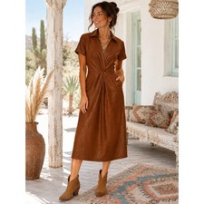 Faux Leather Midi Dress Brown Vegan Leather Collared Wrap Front Dress