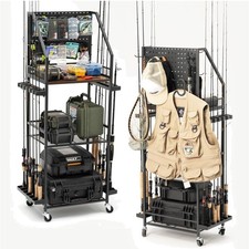 Fishing Rod Holders for Garage with Pegboard and Lockable Wheels, 3-Tier Fish...