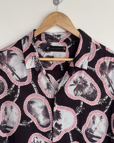 Allsaints “Islandz” Short Sleeve Shirt Holiday Black Pink Palm Tree Large - Picture 2 of 11