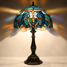 Blue Baroque Tiffany Style Table Lamp - 12"x19" Bedside Reading Light
