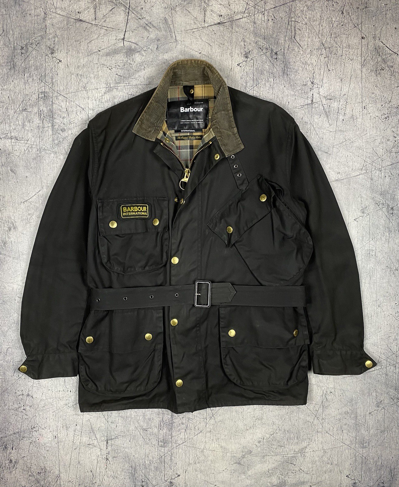 Barbour International A7 Suit Original Wax Waterproof Belted Jacket Coat Sz L