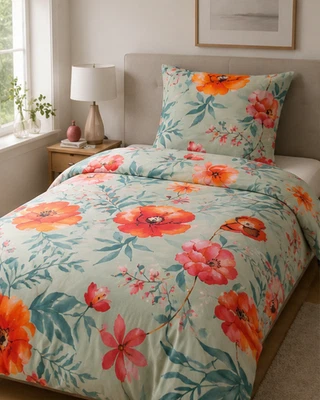 Bettwäsche 135x200 cm + 80x80 cm – Florales Blumenmuster – Mint/Coral - Bild 1 von 4