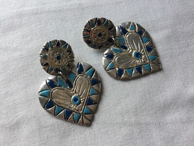 Boucles D'oreilles Argenté Jacky De G. Motif Cœur émaillé - Occasion En Bon état