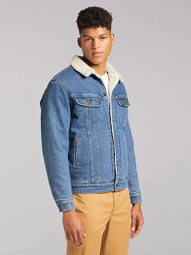 Lee Men's Denim Sherpa Lined Jacket Jean Coat in Mid New Hill