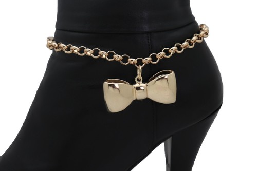 NEW Women 2PC Gold Metal Boot Chain Bracelet Shoe Anklet Bling Red Bow Tie Charm Women Gold Metal Chain Boot Bracelet Anklet Shoe Ring Charms  main image 4