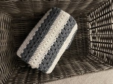 Hand Crochet Baby Blanket Dark Grey  White Stripe 29" x 26" New Baby  Nursery