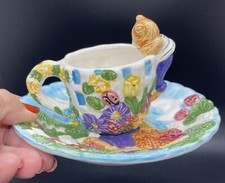 VTG 1996 Teddy Bear Tea Set Plate And Mug Cup Textured 3D Tulip Easter Sun Flora