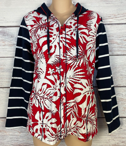NWT Susan Graver Size XXS Red Blue White Tropical Striped Zip Up Hoodie Top 2XS