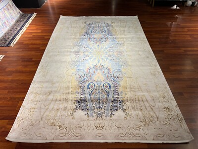 7x10 ft Beige Blue Bamboo Silk Rug   Modern Pattern, Luxury Living Room Decor