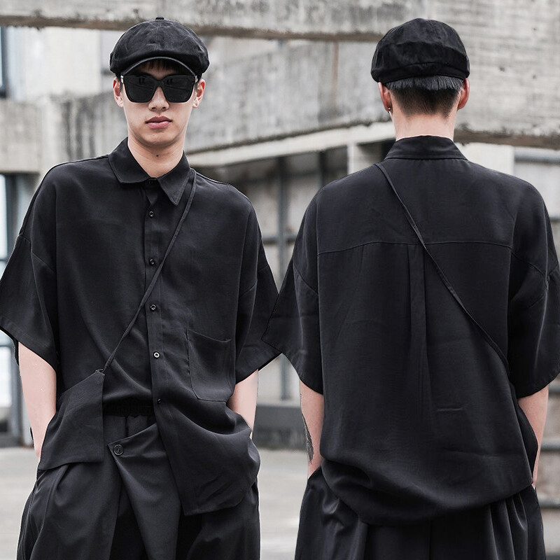 Men Japanese Casual Loose Oversize Shirt Black Harajuku