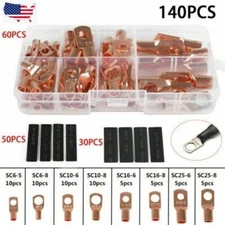 140PCS Car Copper Lug Ring Terminals Cable Electrical Wire Crimp Connectors Kit