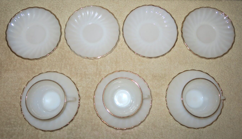 10 pc ANCHOR HOCKING FIRE-KING White Swirl Milk Glass Tea Cup / Saucer Gold Rim - Picture 2 of 10