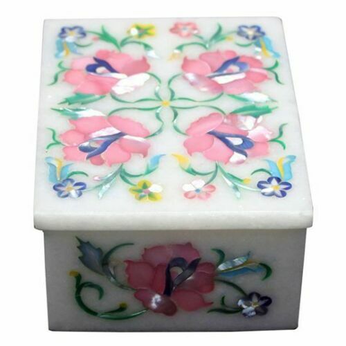 Caja de joyería de mármol de 4"" x 3"" x 2"" piedra dura trabajo decoración del hogar regalos - Imagen 2 de 2