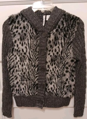Heart-n-Crush Girls Size XL 16 Gray & Black Animal Print Hooded Button Sweater