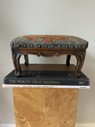 Pristine Handmade Warm Tones Floral NEEDLEPOINT FOOTSTOOL w/Carved Wood Base - Picture 2 of 21