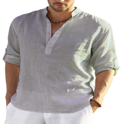 Mens Cotton Linen Long Sleeve Shirt Solid Loose Blouse Button Down Tops T Shirt - Picture 17 of 26