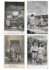 4 CPA carte postale ancienne  1er AVRIL  petits couples enfants aux  poissons