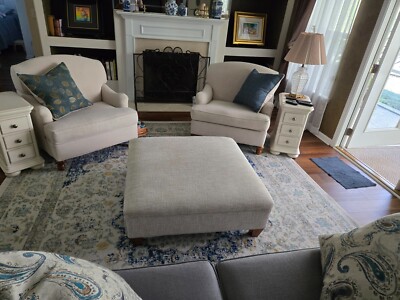 living room furniture set used, white chairs and ottoman,  medium blue couch