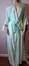 Vtg Barbizon Poly Satin Mint Green White Lace Trim Long Robe M