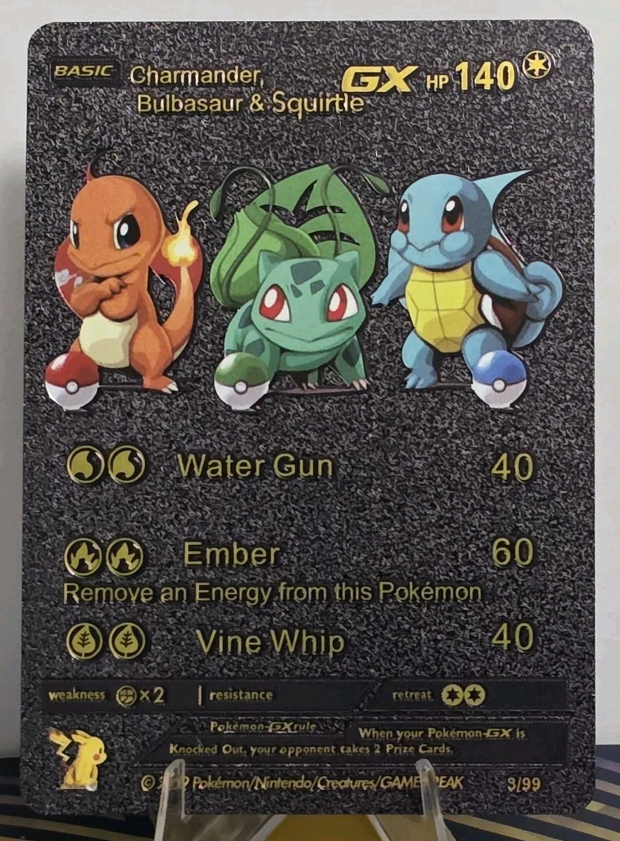 Pokémon Charmander Bulbasaur Squirtle GX Black Vinyl Gold Foil Fan Art Card  TCG