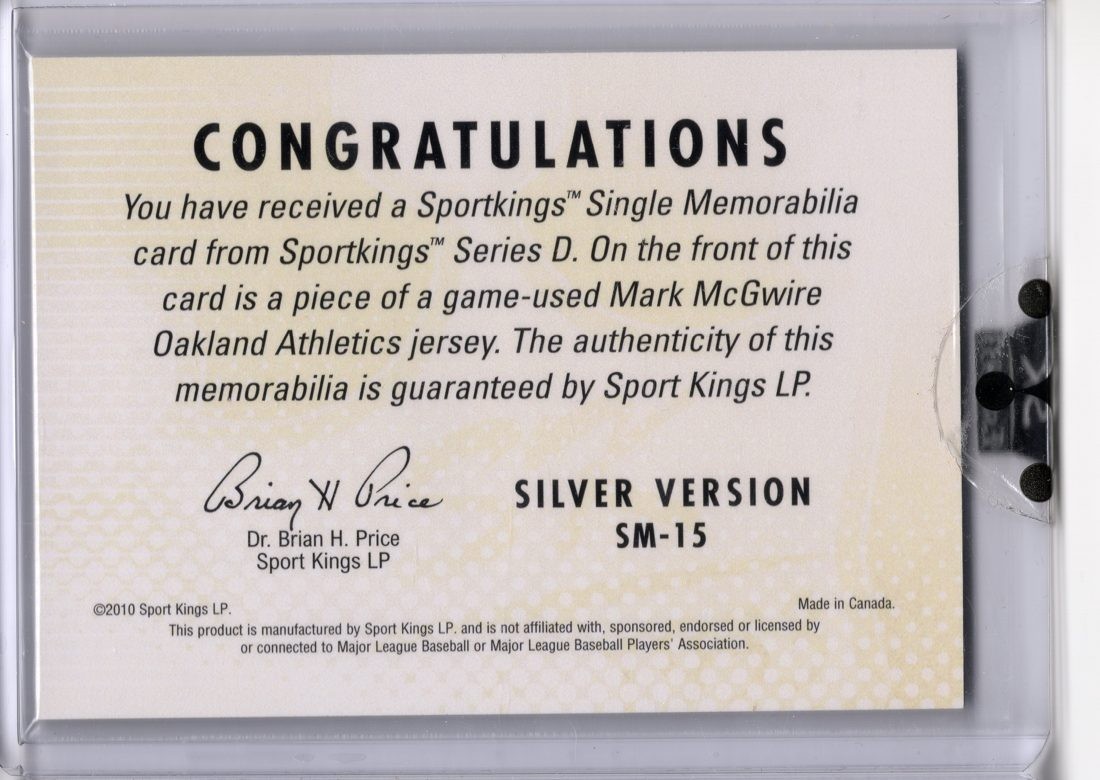 2010 Sportkings Series D Silver SM-15 Mark McGwire Game-Used Jersey Sealed view 2