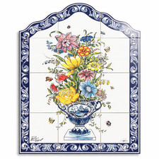 Pannello Piastrelle Ceramica Floreale con Bordo Blu - 12 Pezzi Arte Decorativa da Parete