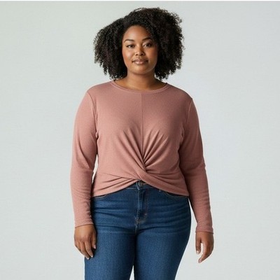 Mauve Ribbed Twist Front Woman Plus 2X Long Sleeve Top Athletic Athleisure