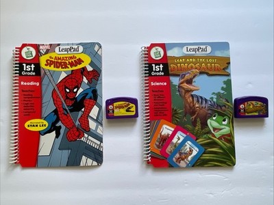 LeapPad Lot 2 Books & Cartridges 1st Grade Lost Dinosaur + Spider-Man Stan Lee