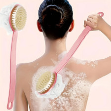 Soft Loofah and Bristles Bath Body Brush for Women and Men - Curved Long Handled